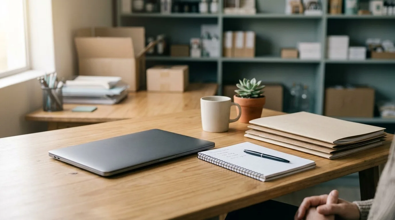 An uncluttered desk holding a closed laptop, a notebook and pen, a mug and one neat stack of plain folders.
