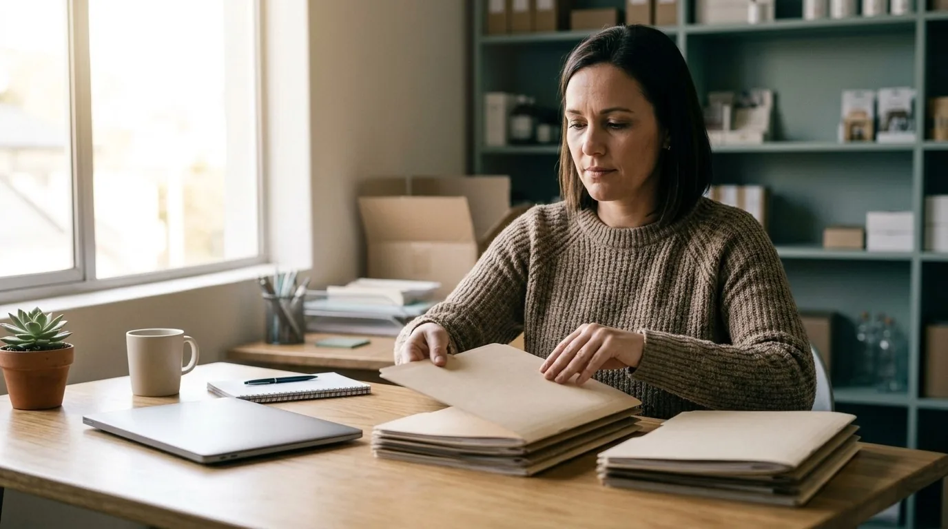 A woman at a desk working through a stack of plain folders, sorting them into two piles.