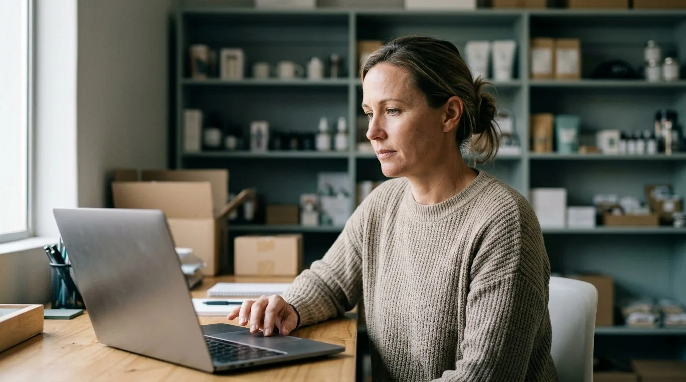 A small-business owner at her laptop in the back room of her shop, looking at the screen in thought, stock shelves behind her.
